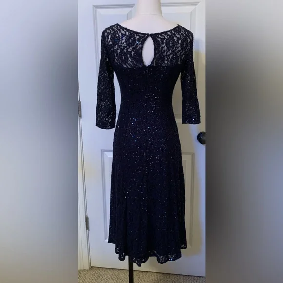 Navy Sequin 6 SLNY SL Fashions New York Round Neck Zip Back Midi - Picture 2 of 9